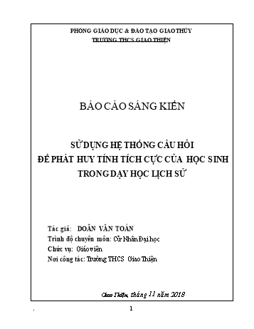 Báo cáo Sáng kiến Sử dụng hệ thống câu hỏi để phát huy tính tích cực cho học sinh trong dạy học lịch sử