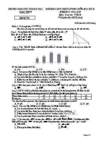 Đề khảo sát chất lượng giữa học kỳ II môn Toán Lớp 7 - Mã đề 705 - Năm học 2022-2023 - Phòng GD&ĐT Giao Thủy (Kèm đáp án)
