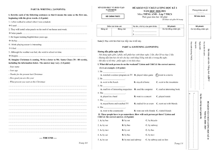 Đề khảo sát chất lượng học kỳ I môn Tiếng Anh Lớp 7 - Năm học 2020-2021 - Sở GD&ĐT Nam Định (Kèm đáp án + file nghe)