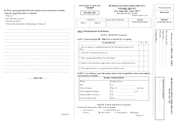 Đề khảo sát chất lượng học kỳ I môn Tiếng Anh Lớp 8 - Năm học 2020-2021 - Sở GD&ĐT Nam Định (Kèm đáp án + file nghe)