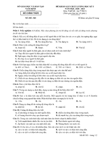 Đề khảo sát chất lượng học kỳ I môn Vật lí Lớp 7 - Mã đề 503 - Năm học 2020-2021 - Sở GD&ĐT Nam Định (Kèm đáp án)