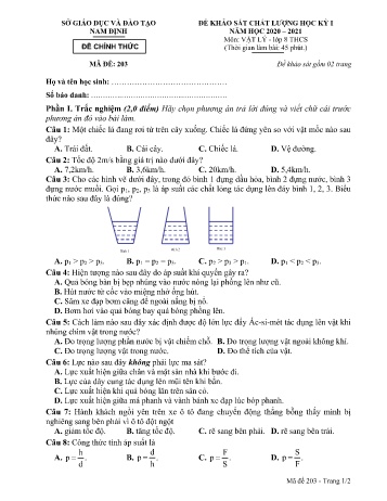 Đề khảo sát chất lượng học kỳ I môn Vật lí Lớp 8 - Mã đề 203 - Năm học 2020-2021 - Sở GD&ĐT Nam Định (Kèm đáp án)