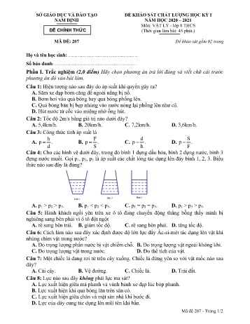Đề khảo sát chất lượng học kỳ I môn Vật lí Lớp 8 - Mã đề 207 - Năm học 2020-2021 - Sở GD&ĐT Nam Định (Kèm đáp án)