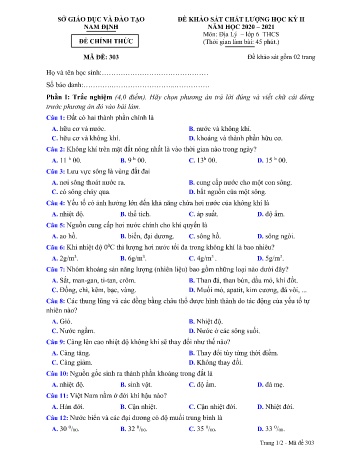 Đề khảo sát chất lượng học kỳ II môn Địa lí Lớp 6 - Mã đề 303 - Năm học 2020-2021 - Sở GD&ĐT Nam Định (Kèm đáp án)