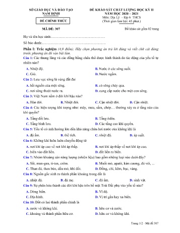 Đề khảo sát chất lượng học kỳ II môn Địa lí Lớp 6 - Mã đề 307 - Năm học 2020-2021 - Sở GD&ĐT Nam Định (Kèm đáp án)