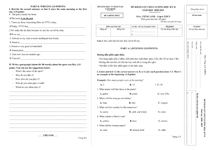 Đề khảo sát chất lượng học kỳ II môn Tiếng Anh Lớp 6 - Năm học 2020-2021 - Sở GD&ĐT Nam Định (Kèm đáp án + file nghe)
