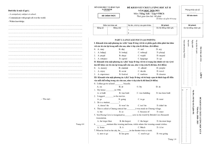 Đề khảo sát chất lượng học kỳ II môn Tiếng Anh Lớp 9 - Năm học 2020-2021 - Sở GD&ĐT Nam Định (Kèm đáp án)