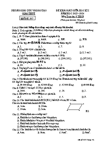 Đề khảo sát giữa học kì I môn Toán Lớp 6 - Mã đề 357 - Năm học 2023-2024 - Phòng GD&ĐT Giao Thủy (Kèm đáp án)