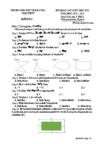 Đề khảo sát giữa học kì I môn Toán Lớp 8 - Mã đề 804 - Năm học 2023-2024 - Phòng GD&ĐT Giao Thủy