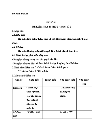 Đề kiểm tra 1 tiết học kì I môn Địa lí Lớp 9 (Có đáp án)