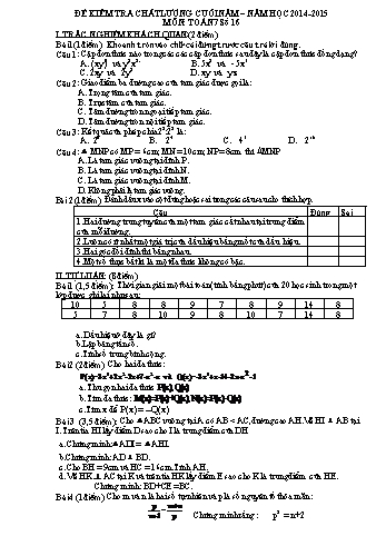 Đề kiểm tra chất lượng cuối năm môn Toán 7 - Năm học 2014-2015 - Trường THCS Giao Thanh (Kèm đáp án)