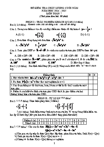 Đề kiểm tra chất lượng cuối năm môn Toán 7 - Năm học 2014-2015 - Trường THCS Giao Châu (Kèm đáp án)