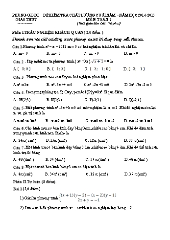Đề kiểm tra chất lượng cuối năm môn Toán 9 - Năm học 2014-2015 - Trường THCS Giao Hương (Kèm đáp án