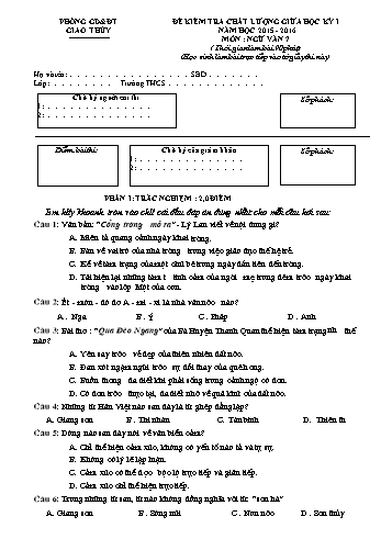 Đề kiểm tra chất lượng giữa học kì I môn Ngữ văn 7 - Năm học 2015-2016 - Trường THCS Giao An