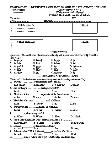 Đề kiểm tra chất lượng giữa học kì I môn Tiếng Anh 7 - Năm học 2015-2016 - Trường THCS Giao Hương