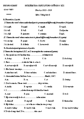 Đề kiểm tra chất lượng giữa học kì I môn Tiếng Anh 8 - Năm học 2015-2016 - Trường THCS Giao Hương