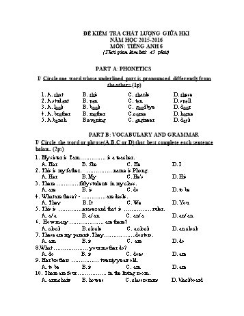 Đề kiểm tra chất lượng giữa học kì I môn Tiếng Anh Khối THCS - Năm học 2015-2016 - Trường THCS Giao Thiện