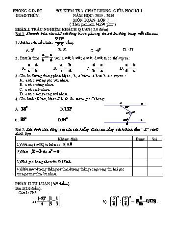Đề kiểm tra chất lượng giữa học kì I môn Toán 7 - Năm học 2015-2016 - Trường THCS Giao Hương