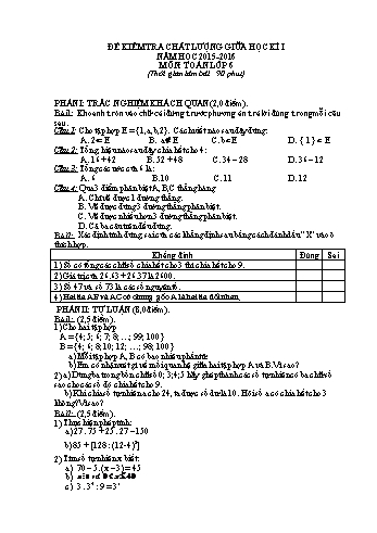 Đề kiểm tra chất lượng giữa học kì I môn Toán Lớp 6 - Năm học 2015-2016 - Trường THCS Giao Thịnh