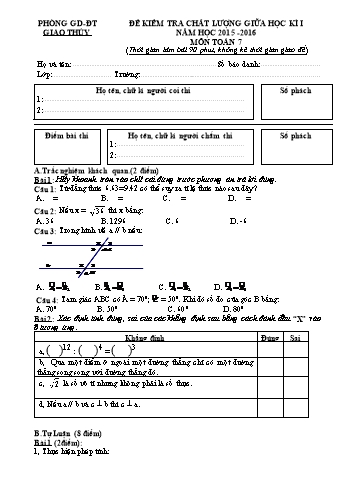 Đề kiểm tra chất lượng giữa học kì I môn Toán Lớp 7 - Năm học 2015-2016 - Trường THCS Giao An