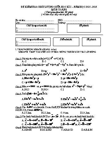 Đề kiểm tra chất lượng giữa học kì I môn Toán Lớp 8 - Năm học 2015-2016 - Trường THCS Giao Thanh