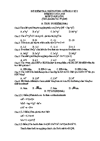 Đề kiểm tra chất lượng giữa học kì I môn Toán Lớp 8 - Năm học 2015-2016 - Trường THCS Giao Thịnh