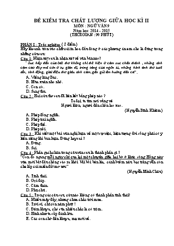 Đề kiểm tra chất lượng giữa học kì II môn Ngữ văn 9 - Năm học 2014-2015 - Trường THCS Bình Hòa (Kèm đáp án)
