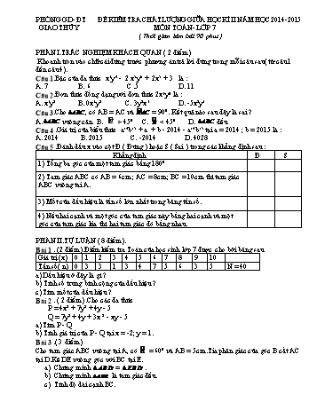 Đề kiểm tra chất lượng giữa học kì II môn Toán Lớp 7 - Năm học 2014-2015 - Trường THCS Giao Hương (Kèm đáp án)