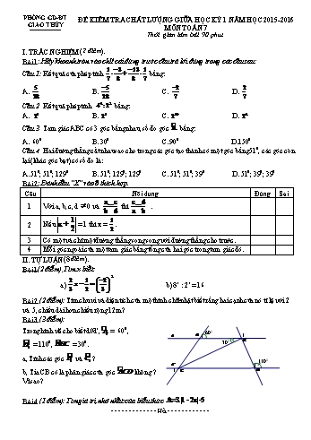 Đề kiểm tra chất lượng giữa học kỳ 1 môn Toán Lớp 7 - Năm học 2015-2016 - Trường THCS Giao Tiến