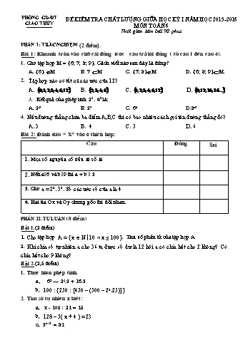Đề kiểm tra chất lượng giữa học kỳ I môn Toán Lớp 6 - Năm học 2015-2016 - Trường THCS Giao Tiến