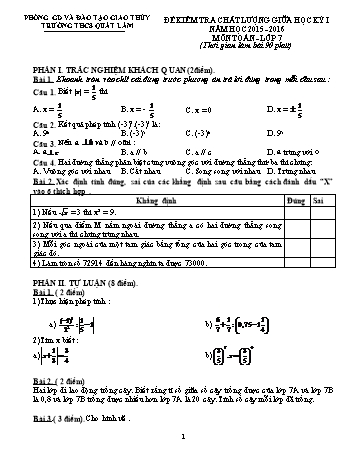 Đề kiểm tra chất lượng giữa học kỳ I môn Toán Lớp 7 - Năm học 2015-2016 - Trường THCS TT Quất Lâm