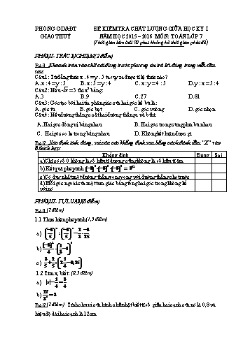 Đề kiểm tra chất lượng giữa học kỳ I môn Toán Lớp 7 - Năm học 2015-2016 - Trường THCS Bạch Long