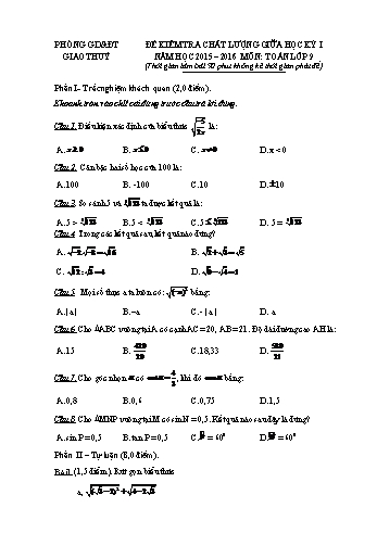 Đề kiểm tra chất lượng giữa học kỳ I môn Toán Lớp 9 - Năm học 2015-2016 - Trường THCS Bạch Long
