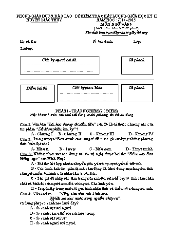 Đề kiểm tra chất lượng giữa học kỳ II môn Ngữ văn Lớp 6 - Năm học 2014-2015 - Trường THCS Giao Tân (Kèm đáp án)