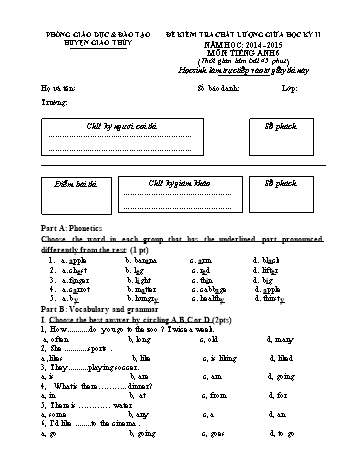 Đề kiểm tra chất lượng giữa học kỳ II môn Tiếng Anh Lớp 6 - Năm học 2014-2015 - Trường THCS Giao Tân (Kèm đáp án)