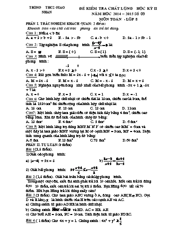 Đề kiểm tra chất lượng học kỳ II môn Toán Lớp 8 - Năm học 2014-2015 - Trường THCS Giao Nhân (Kèm đáp án)