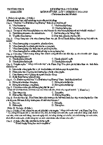 Đề kiểm tra cuối năm môn Ngữ văn Lớp 7 - Năm học 2014-2015 - Trường THCS Giao Yến (Kèm đáp án)