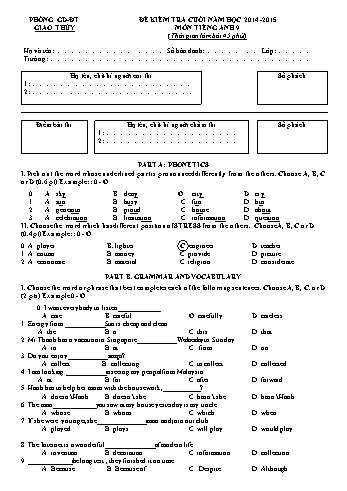Đề kiểm tra cuối năm môn Tiếng Anh 9 - Năm học 2014-2015 - Trường THCS Giao An (Kèm đáp án)