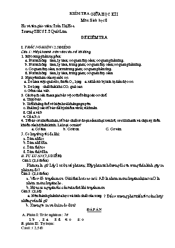 Đề kiểm tra giữa học kì I môn Sinh học 8 - Trần Thị Hoa (Có đáp án)