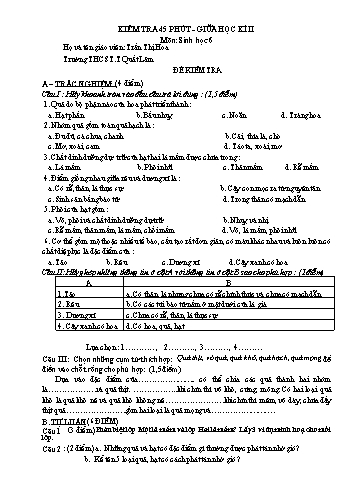 Đề kiểm tra giữa học kì II môn Sinh học Lớp 6 - Trần Thị Hoa (Có đáp án)