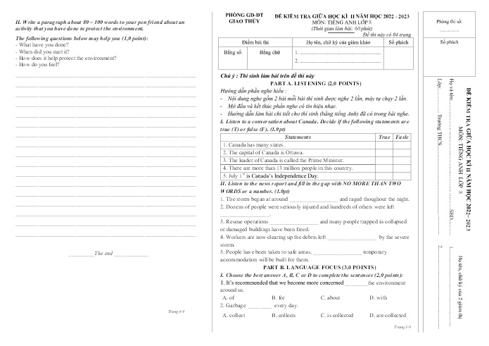 Đề kiểm tra giữa học kì II môn Tiếng Anh Lớp 8 - Năm học 2022-2023 - Phòng GD&ĐT Giao Thủy (Kèm đáp án + file nghe)
