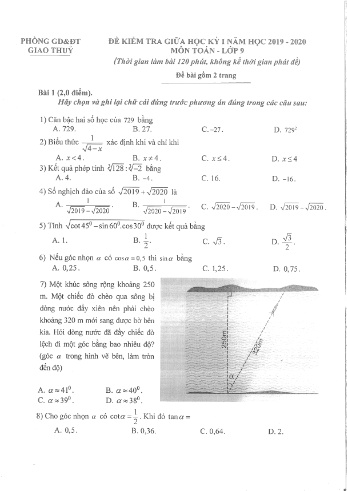 Đề kiểm tra giữa học kỳ I môn Toán Lớp 9 - Năm học 2019-2020 - Phòng GD&ĐT Giao Thủy (Có đáp án)