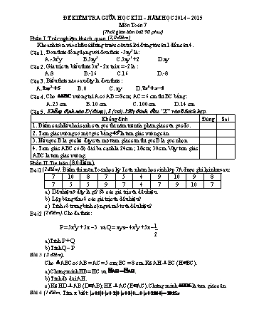 Đề kiểm tra giữa học kỳ II môn Toán Lớp 7 - Năm học 2014-2015 - Trường THCS Giao Xuân (Có đáp án)