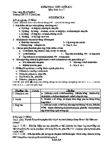 Đề kiểm tra giữa kì I môn Sinh học Lớp 7 - Mai Thị Mát (Có đáp án)