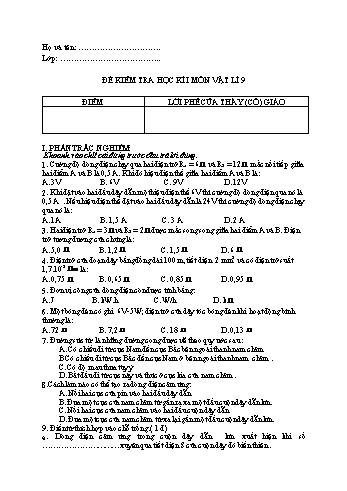 Đề kiểm tra học kì I môn Vật lí 9