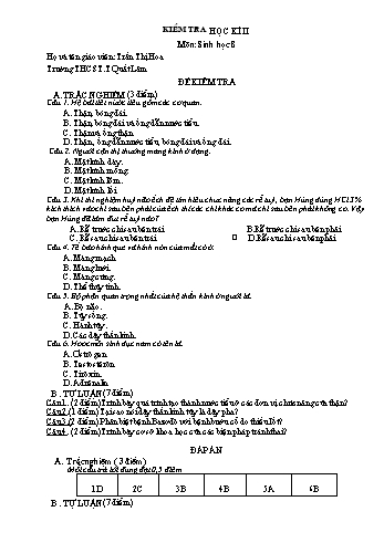 Đề kiểm tra học kì II môn Sinh học Lớp 8 - Trần Thị Hoa (Có đáp án)