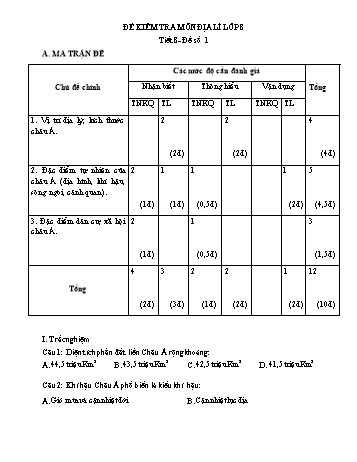 Đề kiểm tra học kỳ I môn Địa lí Lớp 8 (Có đáp án)