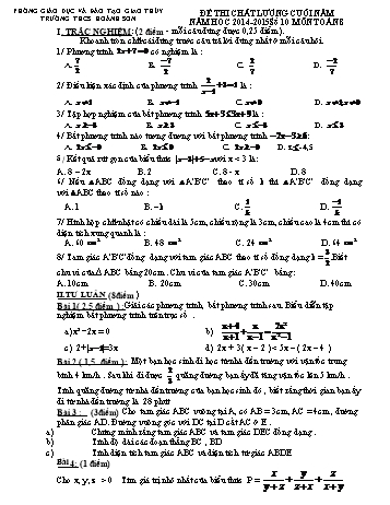 Đề thi chất lượng cuối năm môn Toán Lớp 8 - Năm học 2014-2015 - Trường THCS Hoành Sơn (Kèm đáp án)