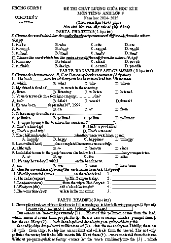 Đề thi chất lượng giữa học kì II môn Tiếng Anh Lớp 9 - Năm học 2014-2015 - Trường THCS Bình Hòa (Kèm đáp án)