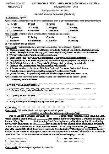 Đề thi chất lượng giữa học kì II môn Tiếng Anh Lớp 9 - Năm học 2014-2015 - Trường THCS Hoành Sơn (Kèm đáp án)